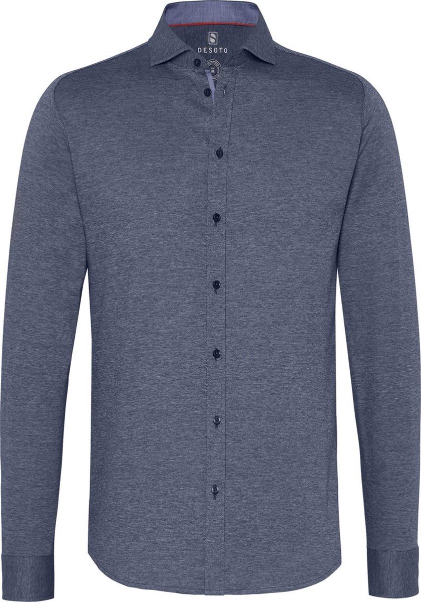 DESOTO slim fit overhemd - stretch pique tricot haifisch kraag - midden blauw melange - Strijkvrij - Boordmaat: 47/48
