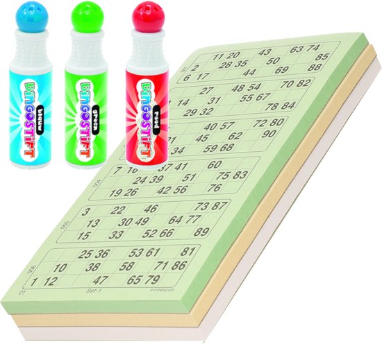 Thumbnail van een extra afbeelding van het spel 100x Bingokaarten nummers 1-90 inclusief 3x bingo stiften blauw/groen/rood