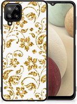 Back Cover Siliconen Hoesje Geschikt voor Samsung Galaxy A12 Telefoonhoesje met Zwarte rand Gouden Bloemen