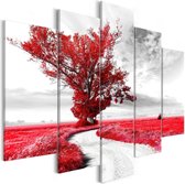 Schilderij - Tree near the Road (5 Parts) Red.