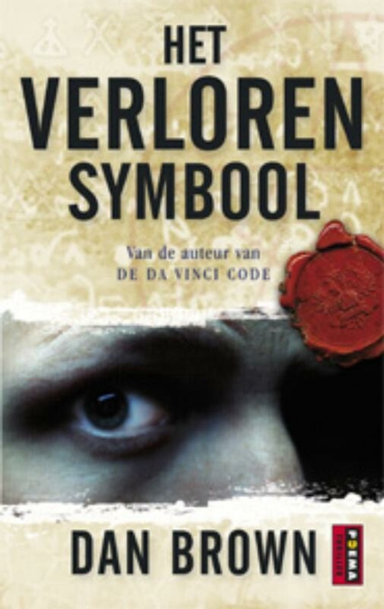 Boekcover met de titel "Het Verloren Symbool" en een close-up van een oog.