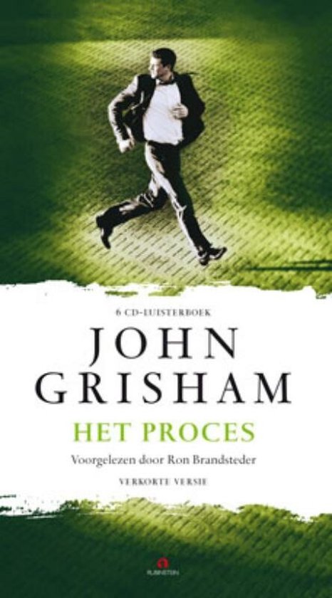 Voorzijde van het John Grisham luisterboek 'Het Proces', met een man in pak die rent op een groen veld.