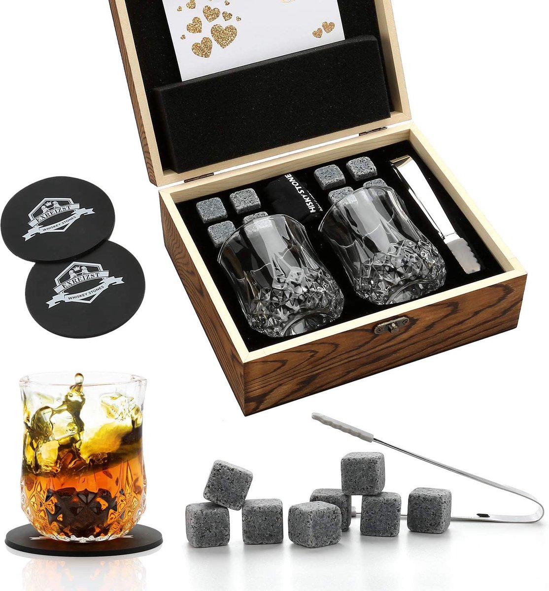 Supremium Whiskystenen | Whisky Stenen & Glazen Set | Granieten ijsblokje | Whisky Chilling Rocks | Houten kist | IJsblokje | Beste cadeau | Papa | Mannen
