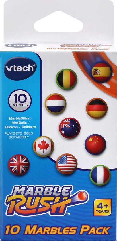Doos met 10 VTech Marble Rush knikkers, elk met een landenvlag.