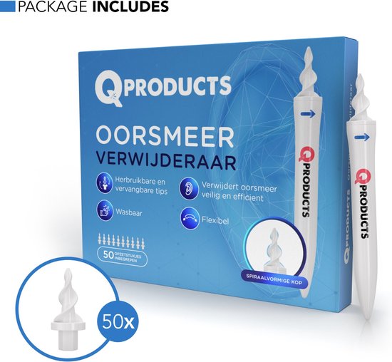 Qproducts Oorsmeer Verwijderaar Inclusief 50 Opzetstukken - Oorreiniger - Oorsmeerverwijderaar Spiraalvormig - q grips - qgrips - Oor Schoonmaken - Oorlepel - Ear cleaner - Earscratcher - Qproducts