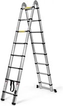 MEUBELEXPERT - 5M Aluminium Telescopische Ladder Met 16 Sporten Max Belasting 150KG Verstelbaar 90-500CM Met Stabilisatorstang