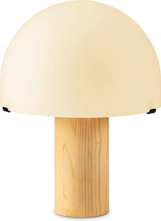 Home Sweet Home - Landelijke tafellamp Mushroom - Wit - 23/23/28cm - bedlampje - geschikt voor E27 LED lichtbron - gemaakt van Glas en Hout