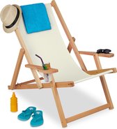Relaxdays strandstoel met armleuningen - inklapbaar - houten ligstoel beige - tuinstoel