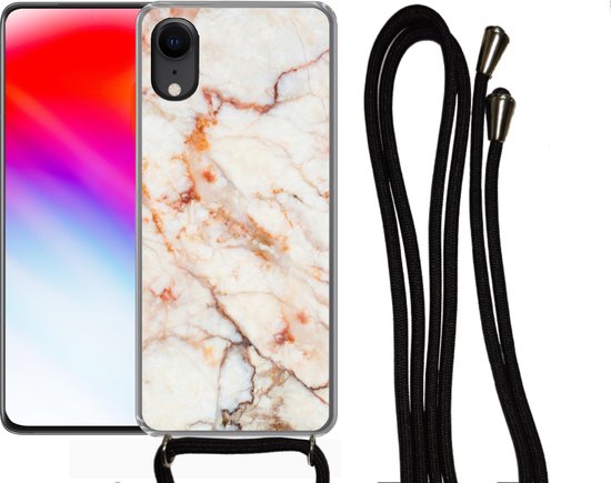 Cordon téléphonique - Chaîne téléphonique - Étui avec cordon Convient pour iPhone XR - Imprimé marbre - Oranje - Pierre - Siliconen - Bandoulière - Étui de téléphone avec cordon