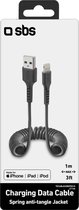 SBS Spiral USB-A naar Apple Lightning Kabel MFI 1 Meter - Zwart
