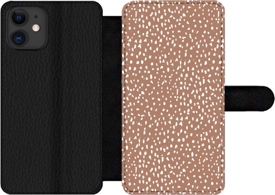 iPhone 11 Wallet Case bookcase phone case - Dots - Wit - Marron - Avec compartiments - Etui portefeuille avec fermeture magnétique