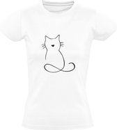 Kat | Dames T-shirt | Wit | Cat | Kitten | Poes | Tekening | Dierendag | Huisdier