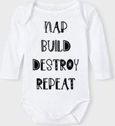 Baby Rompertje met tekst 'Nap, build, destroy, repeat' |Lange mouw l | wit zwart | maat 50/56 | cadeau | Kraamcadeau | Kraamkado