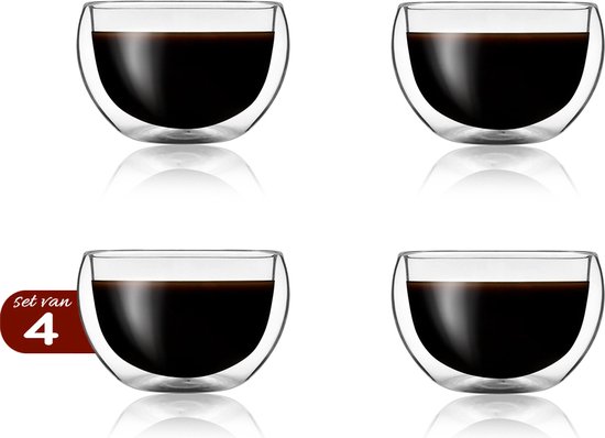 borst knuffel baseren Dubbelwandige Espresso Glaasjes - 80 ml x 4 stuks + 150 ml Koffieglas kado  -... | bol.com