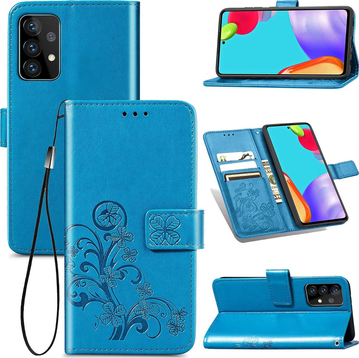 Mobigear Telefoonhoesje geschikt voor Samsung Galaxy A52 Hoesje | Mobigear Clover Bookcase Portemonnee | Pasjeshouder voor 3 Pasjes | Telefoonhoesje voor Pinpas / OV Kaart / Rijbewijs - Blauw