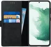 Rosso Deluxe Echt Leer Book Case Hoesje Geschikt voor Samsung Galaxy S22 Plus | Ruimte voor drie pasjes | Portemonnee Book Case | Met Pasjeshouder | Zwart