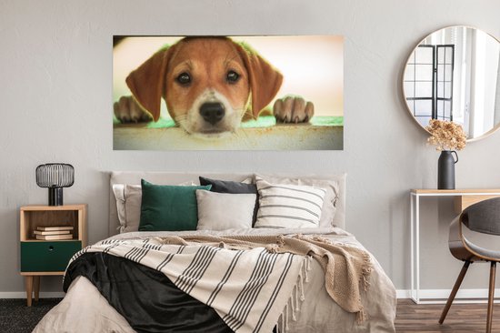 Poster Un chiot regarde à travers une clôture - 160x80 cm