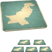 Onderzetters voor glazen - Illustratie van een kaart van Pakistan in retrostijl - 10x10 cm - Glasonderzetters - 6 stuks