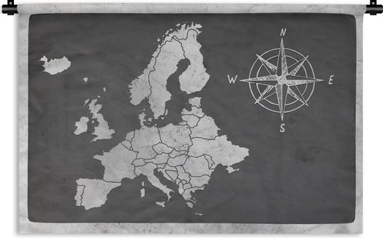 Wandkleed - Wanddoek - Vintage Europakaart met windroos - zwart wit - 120x80 cm - Wandtapijt