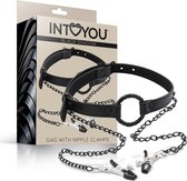 Intoyou Black Shadow - BDSM - Ring Gag met Tepelklemmen aan Ketting - Ecoleder - Verstelbaar - Zwart