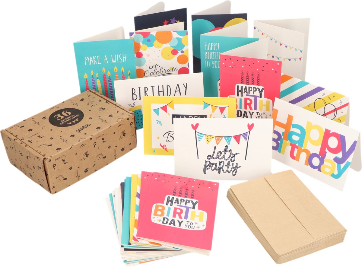 Partizzle 36x Leuke Verjaardagskaarten met Envelop Set - Wenskaarten