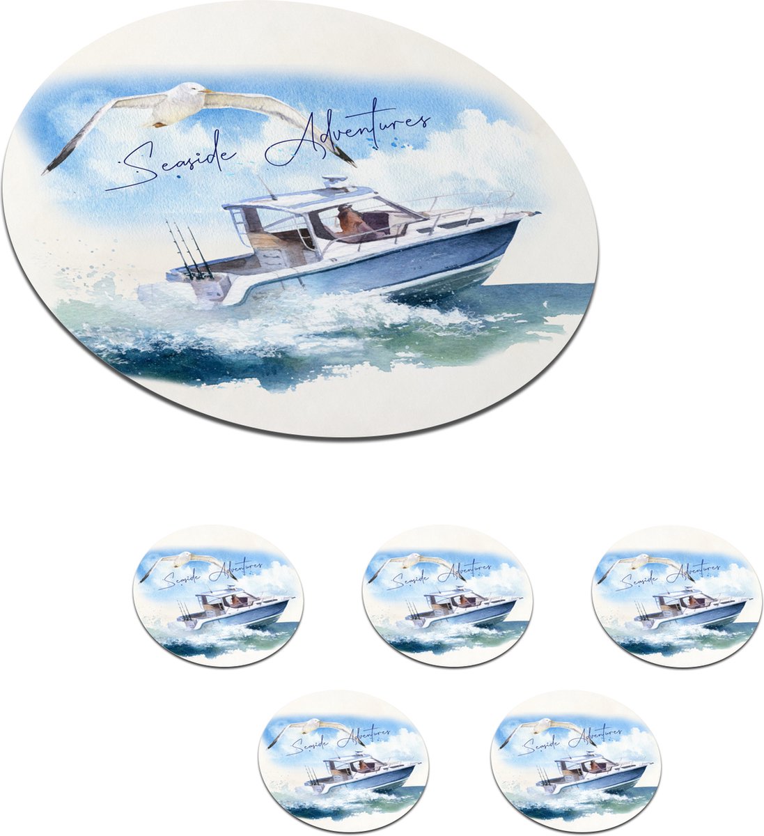 Onderzetters voor glazen - Rond - Boot - Vogel - Water - Zee - 10x10 cm - Glasonderzetters - 6 stuks