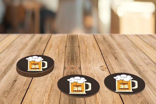 Sous-verres pour verres - Ronds - Bières - Anniversaire - 35 ans - 10x10 cm - Sous-verres en verre - 6 pièces