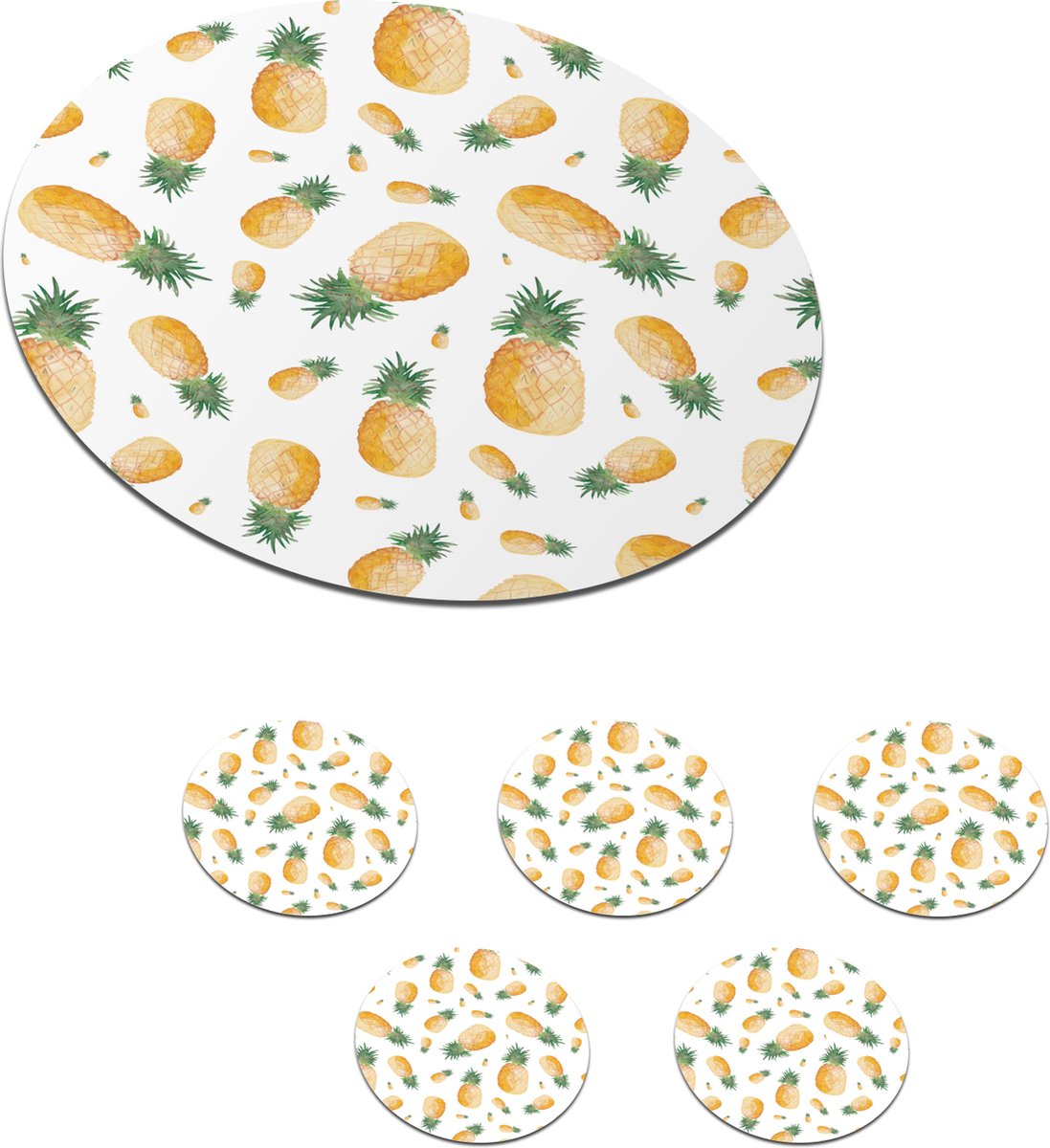 Onderzetters voor glazen - Rond - Ananas - Fruit - Design - 10x10 cm - Glasonderzetters - 6 stuks