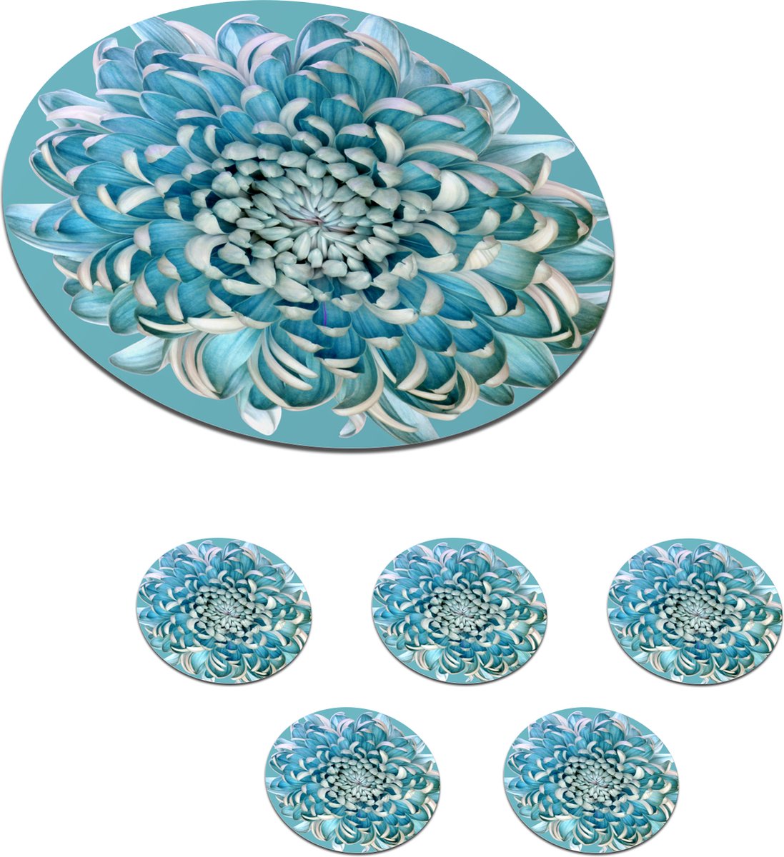 Onderzetters voor glazen - Rond - Blauwe Chrysant - 10x10 cm - Glasonderzetters - 6 stuks