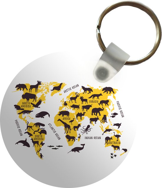 Porte-clés - Wereldkaart - Animaux - Jaune - Plastique - Rond - Cadeaux à distribuer