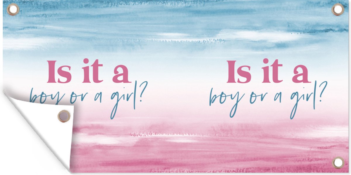 Wanddecoratie buiten Baby - Zwangerschap - Babyshower - Is it a Boy or a Girl - Gender reveal - Tekst - Spreuken - 160x80 cm - Tuindoek