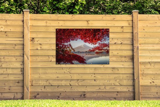 Affiche de jardin La montagne Fuji vue à travers les feuilles rouges au Japon - 120x80 cm - Jardin