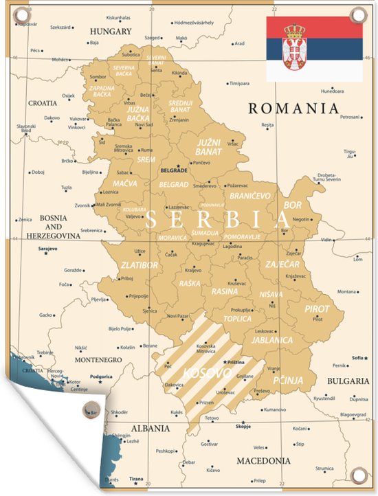 Tuinschilderij Kaart van Servië en buurlanden met vlag - 60x80 cm - Tuinposter - Tuindoek - Buitenposter