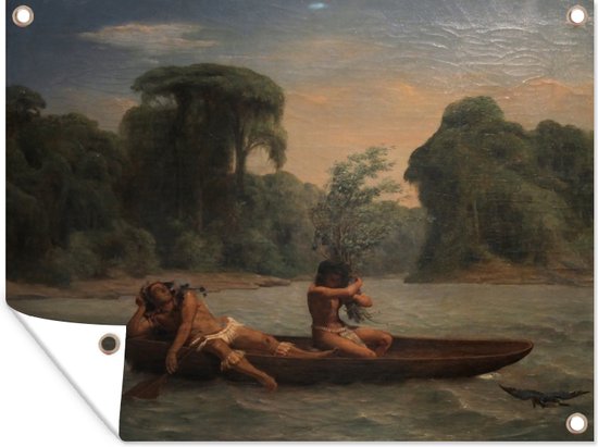 Tuin decoratie Two Indians in a Dugout Canoe - Schilderij van François-Auguste Biard - 40x30 cm - Tuindoek - Buitenposter