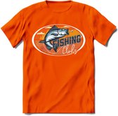 Fishing - Vissen T-Shirt | Grappig Verjaardag Vis Hobby Cadeau Shirt | Dames - Heren - Unisex | Tshirt Hengelsport Kleding Kado - Oranje - S