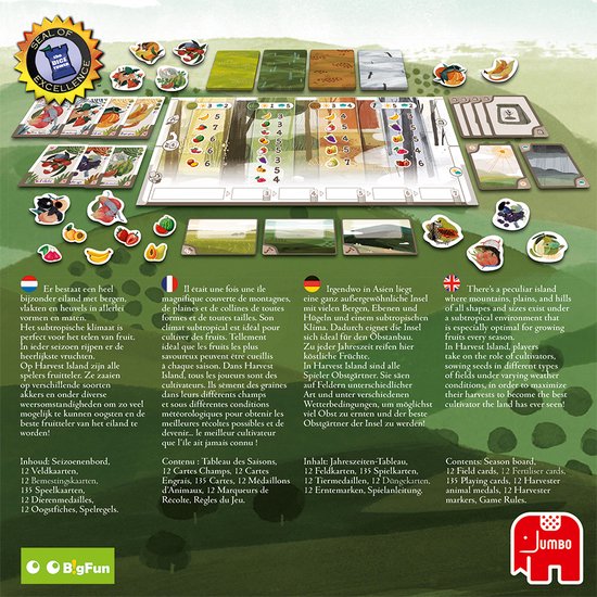 Achterkant van de doos van 'Harvest Island' met productbeschrijvingen in vier talen en landschapsillustraties.