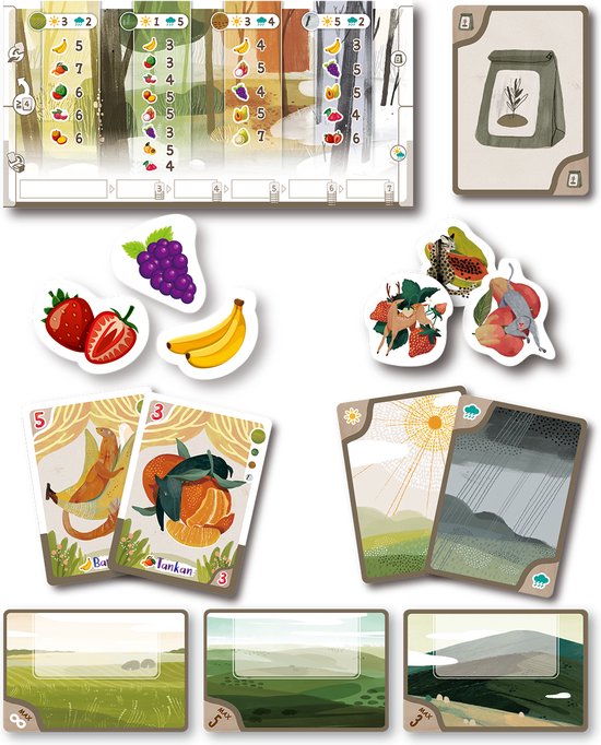 Speelkaarten en onderdelen van het spel Harvest Island, met fruit en landschappen.