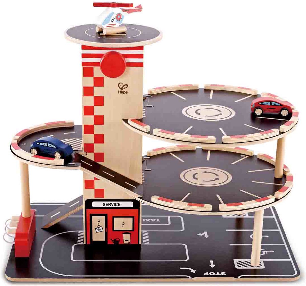 Bandits & Angels houten speelgoedgarage Bandits Parking Experience retro blauw - 3 verdiepingen - lift - 4 auto's