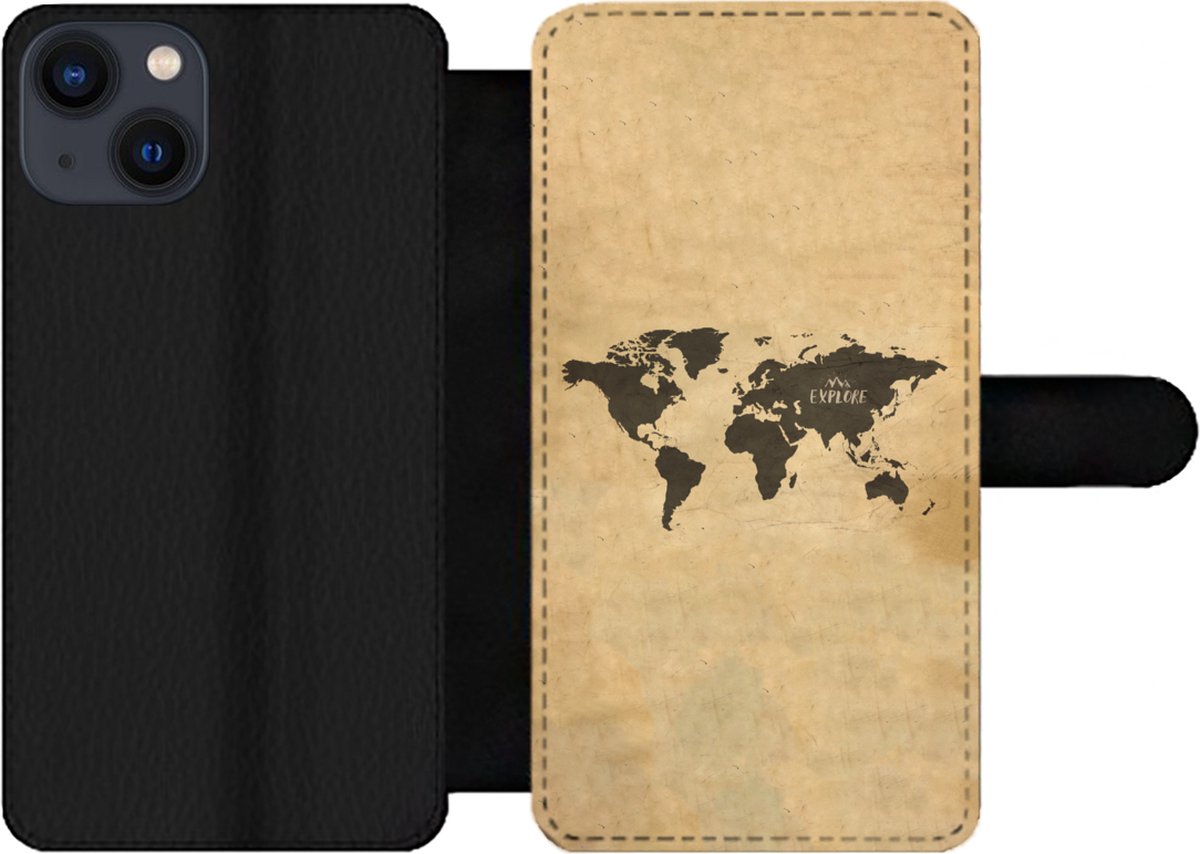 Telefoonhoesje Geschikt voor iPhone 13 telefoonhoesje - Wereldkaart - Vintage - Explore - Met vakjes - Wallet case met magneetsluiting