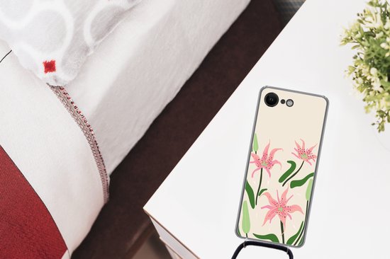 Coque avec cordon iPhone SE 2020 - Bloem - Rose - Feuilles - Siliconen - Bandoulière - Coque arrière avec cordon - Etui pour téléphone avec cordon - Etui avec corde - Cadeaux chaussures - Petits cadeaux - Sinterklaas for big kids