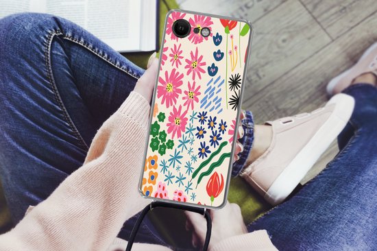 Coque avec cordon iPhone SE 2020 - Bloem - Feuilles - Fleurs sauvages - Siliconen - Bandoulière - Coque arrière avec cordon - Coque pour téléphone avec cordon - Coque avec corde
