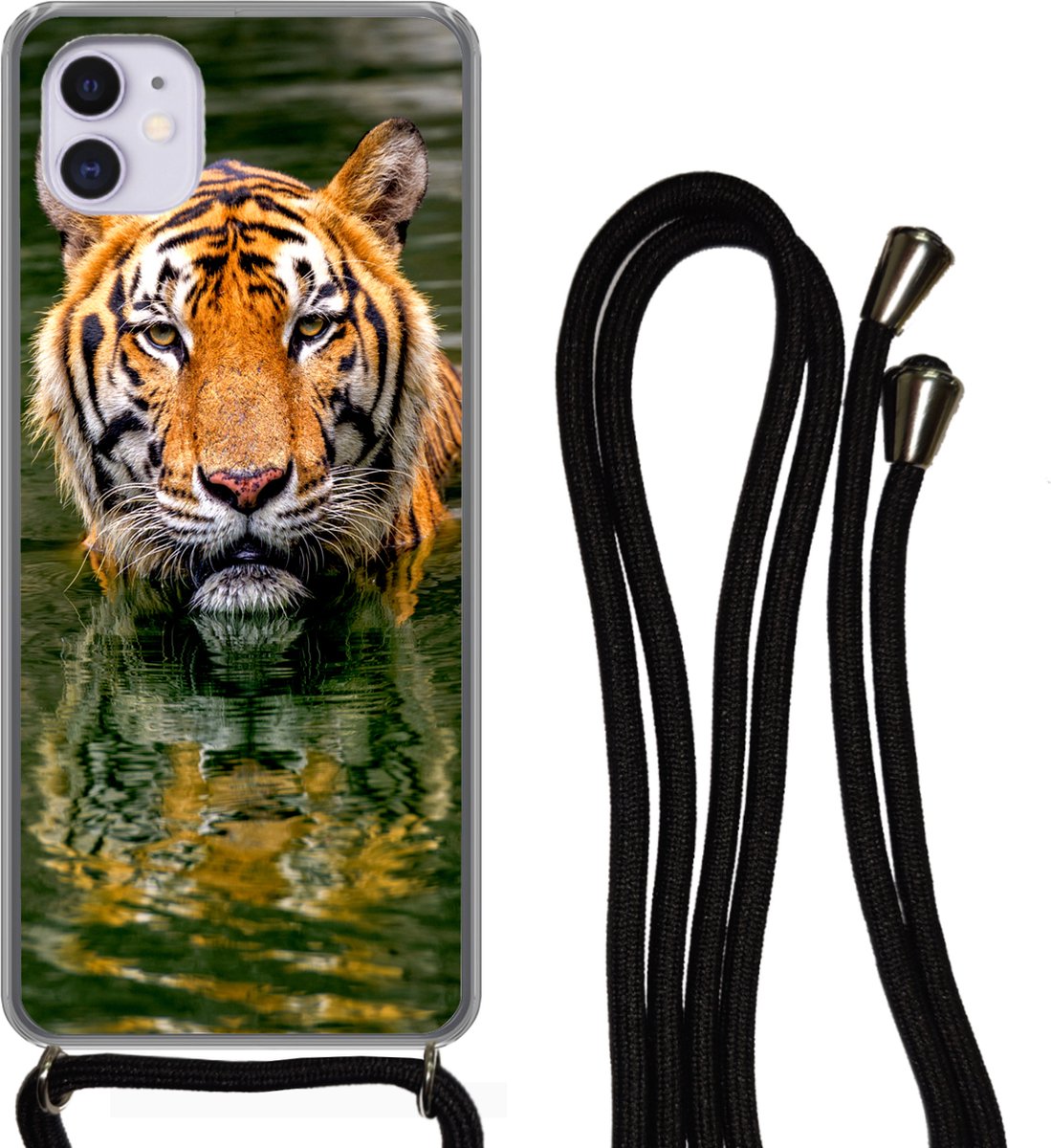 Telefoonhoesje Geschikt voor iPhone 12 Mini - Tijger - Water - Reflectie - Siliconen - Crossbody - Backcover met Koord - Telefoonhoesje met koord - Hoesje met touw Telefoonhoesje