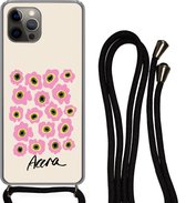 Hoesje met koord Geschikt voor iPhone 12 Pro Max - Bloemen - Roze - Ghana - Siliconen - Crossbody - Backcover met Koord - Telefoonhoesje met koord - Hoesje met touw