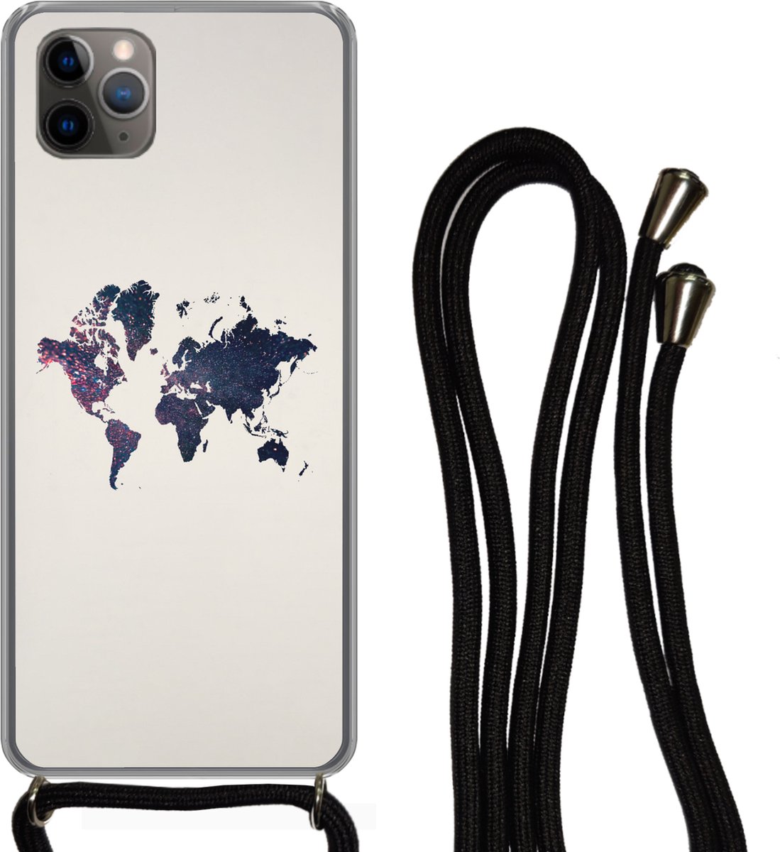 Telefoonhoesje Geschikt voor iPhone 11 Pro - Wereldkaart - Licht - Rood - Siliconen - Crossbody - Backcover met Koord - Telefoonhoesje met koord - Hoesje met touw Telefoonhoesje