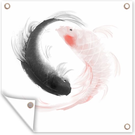 Tuinposters Een illustratie van het Yin en Yang logo met vissen - 50x50 cm - Tuindoek - Buitenposter