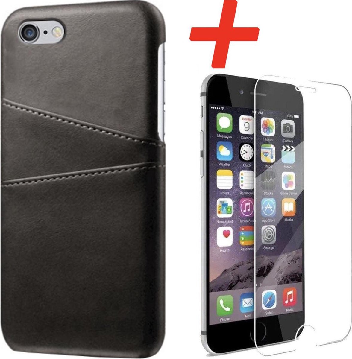 Backcover geschikt voor Apple iPhone 7 / 8 - Zwart - PU Leer - Pasjeshouder + Glas Protector