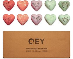 foto van QEY - XL Natuurlijke bruisballen set - 10 stuks - Bath Bombs - Hartjes - Bad - Verschillende kleuren & Geuren