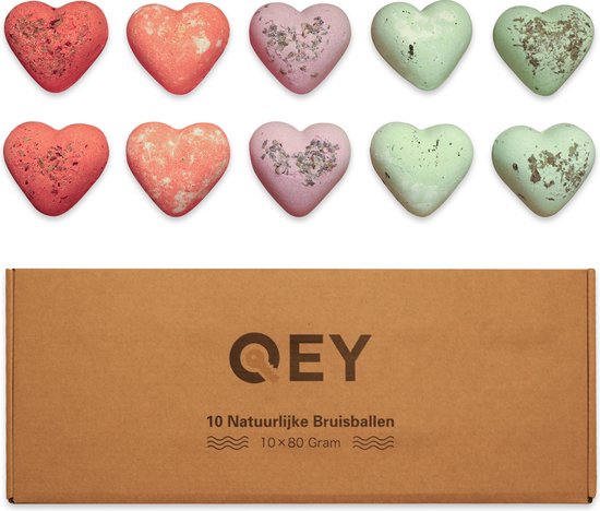 QEY - XL Natuurlijke bruisballen set - 10 stuks - Bath Bombs - Hartjes - Bad - Verschillende kleuren & Geuren