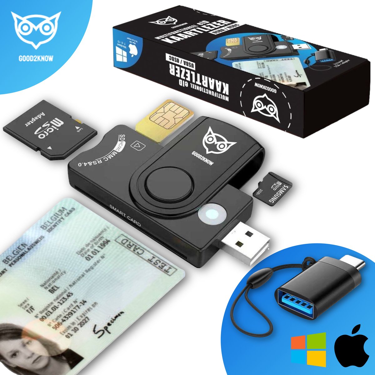 Good2know Lettore Di Schede EID USB-C E USB-A - Per Carta D'Identità Elettronica (Belgio, UE) - Plug & Play, Windows/Mac