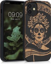 kwmobile telefoonhoesje compatibel met Apple iPhone 12 mini - Hoesje met bumper in lichtbruin / zwart - kersenhout - Diá de los Muertos design